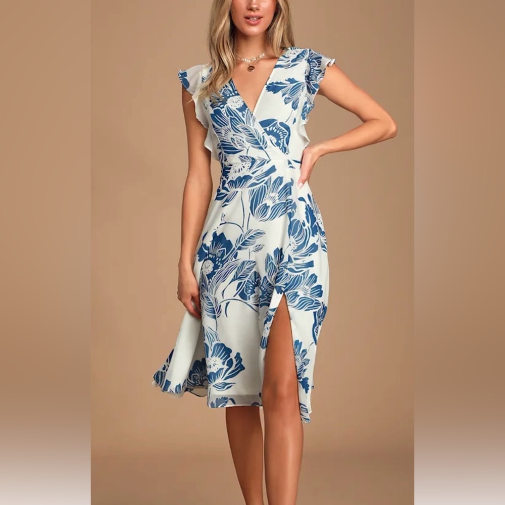 LULU’S Blue and White A-Line Midi Skirt with Slit  Size S